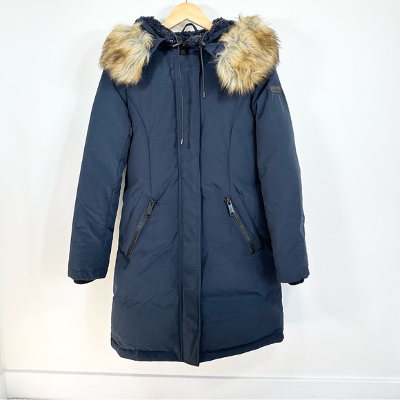 Sam Edelman Jackets & Blazers - Sam Edelman Hooded Down & Feather Fill Parka with Faux Fur Trim Size Small Navy